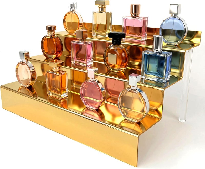 YMVV 12 IN Mirror Gold Acrylic 3 Tier Display Riser Perfume Organizer, Perfume Cologne Organizer Holder, Pops Toy Figures, Clear Cupcake Riser, Dessert Shelf - Image 1